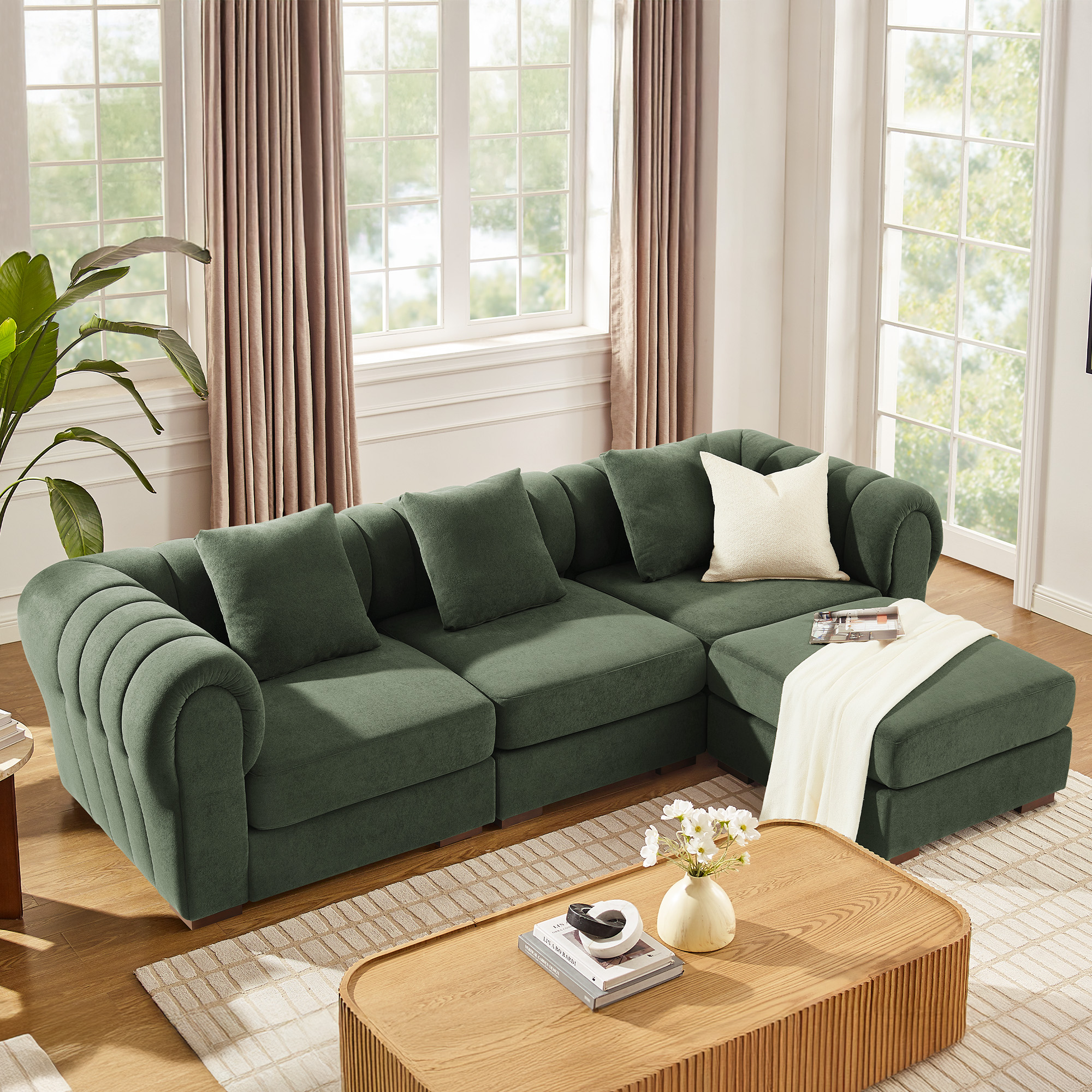 Living Room Sectional Sofa  Modern Style Green Velvet