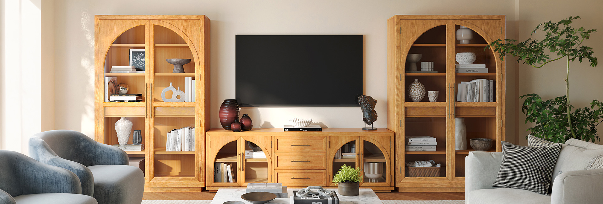 HERNEST Lira 178" Oak Storage Media Console Set