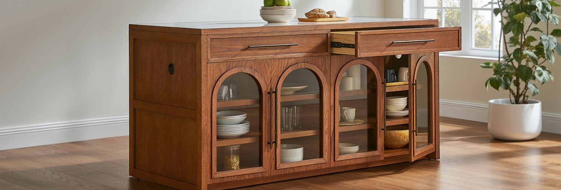 Measuring 72 inches, this oak kitchen island features arched glass cabinet doors and drawers, set in a bright space.