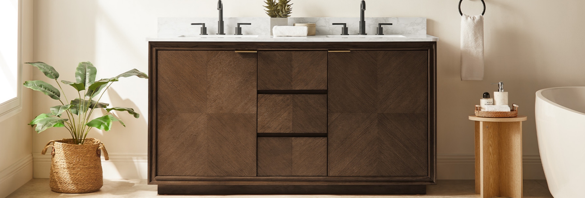 Placed in a bathroom, the 63-inch Thursen double bathroom vanity showcases an intricate parquet wood pattern and dual sinks.