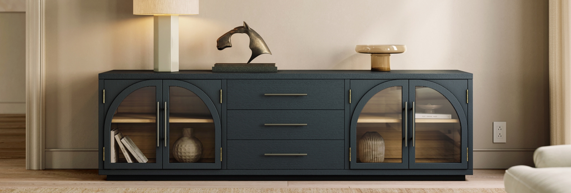 This MCM media console features drawers and glass cabinets, providing ample storage space for toys, books, or stuffed animals.