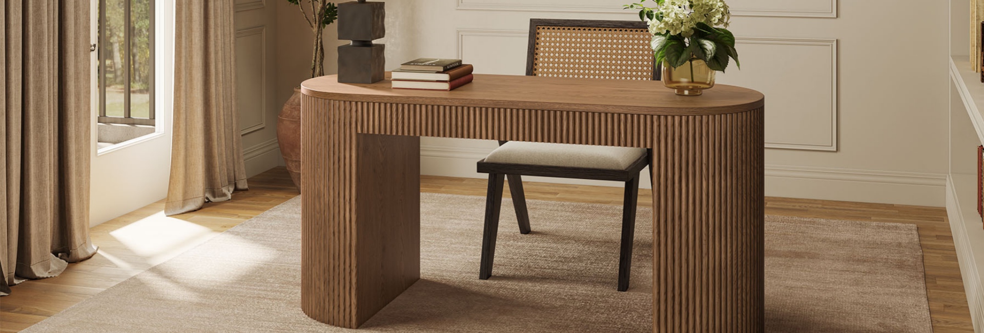 Built to a standard desk height of 30.9", the Rolf 61" oak desk features solid wood fluting