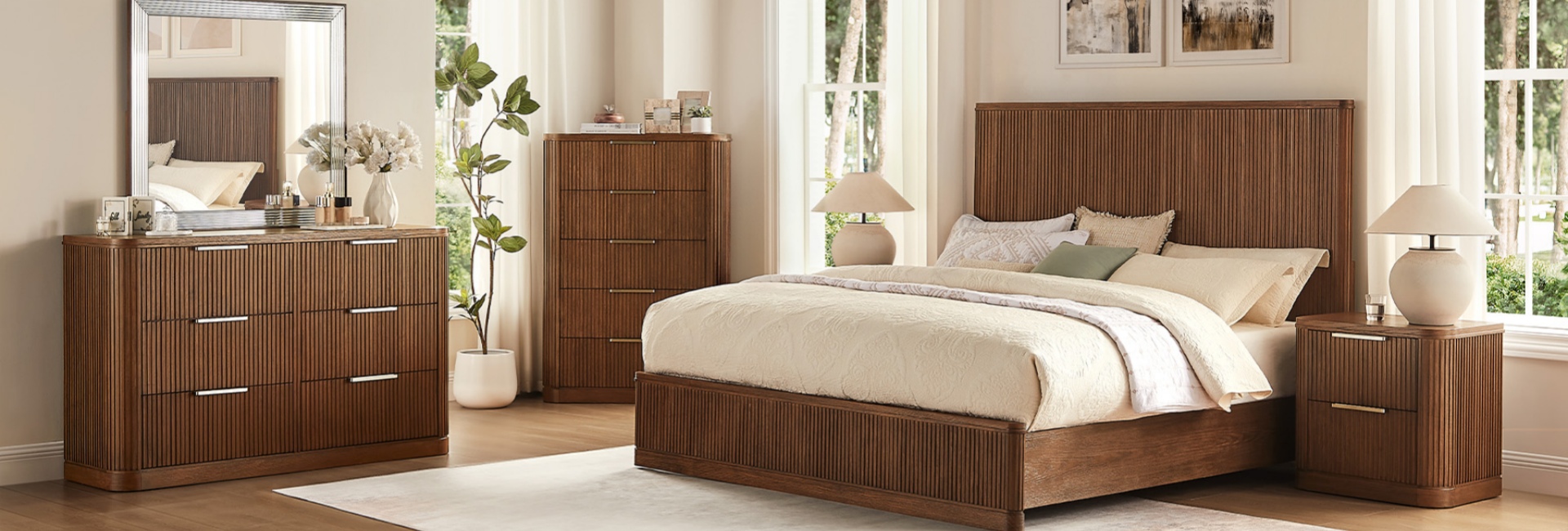 To see how wide is a king bed frame, this 79.5-inch Finnley fluted wood bed offers a stylish design.