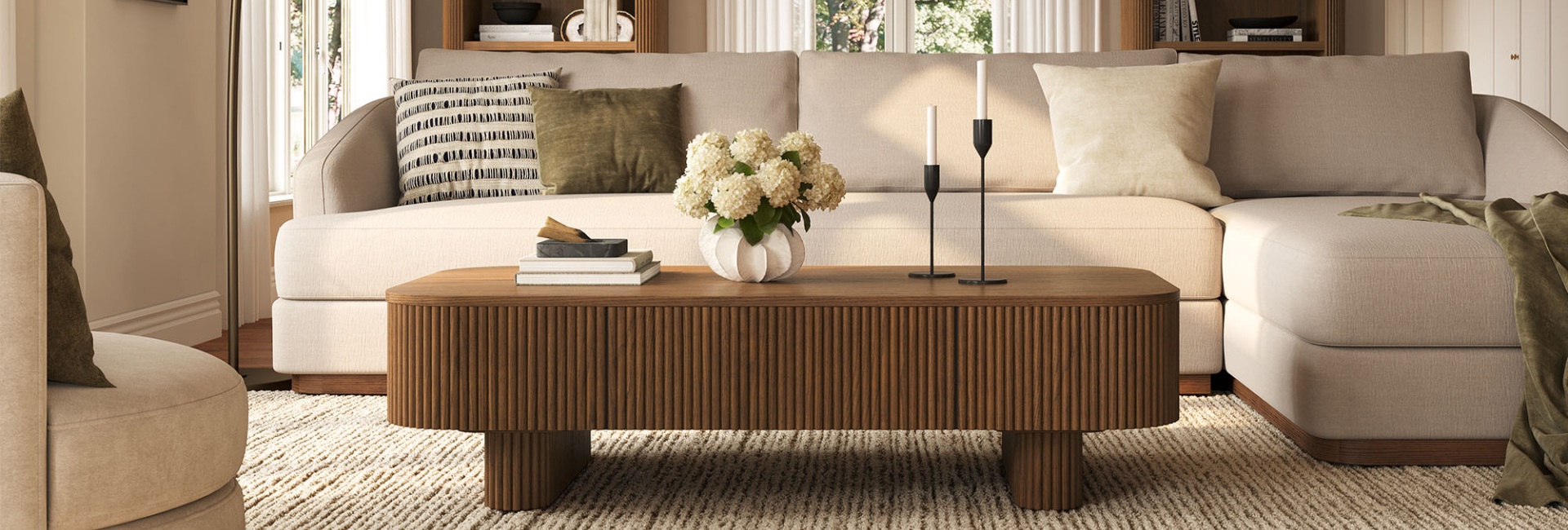 Marisol 55-inch oak coffee table for sectional sofa
