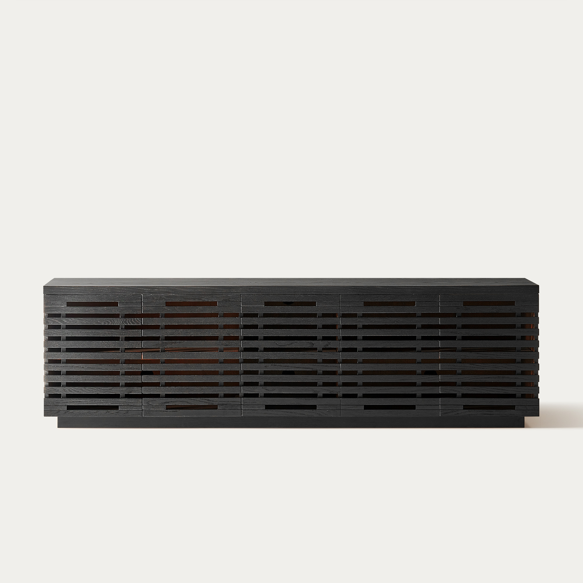 Ingrid 84 inch Black Solid Oak Slatted TV Stand | HERNEST