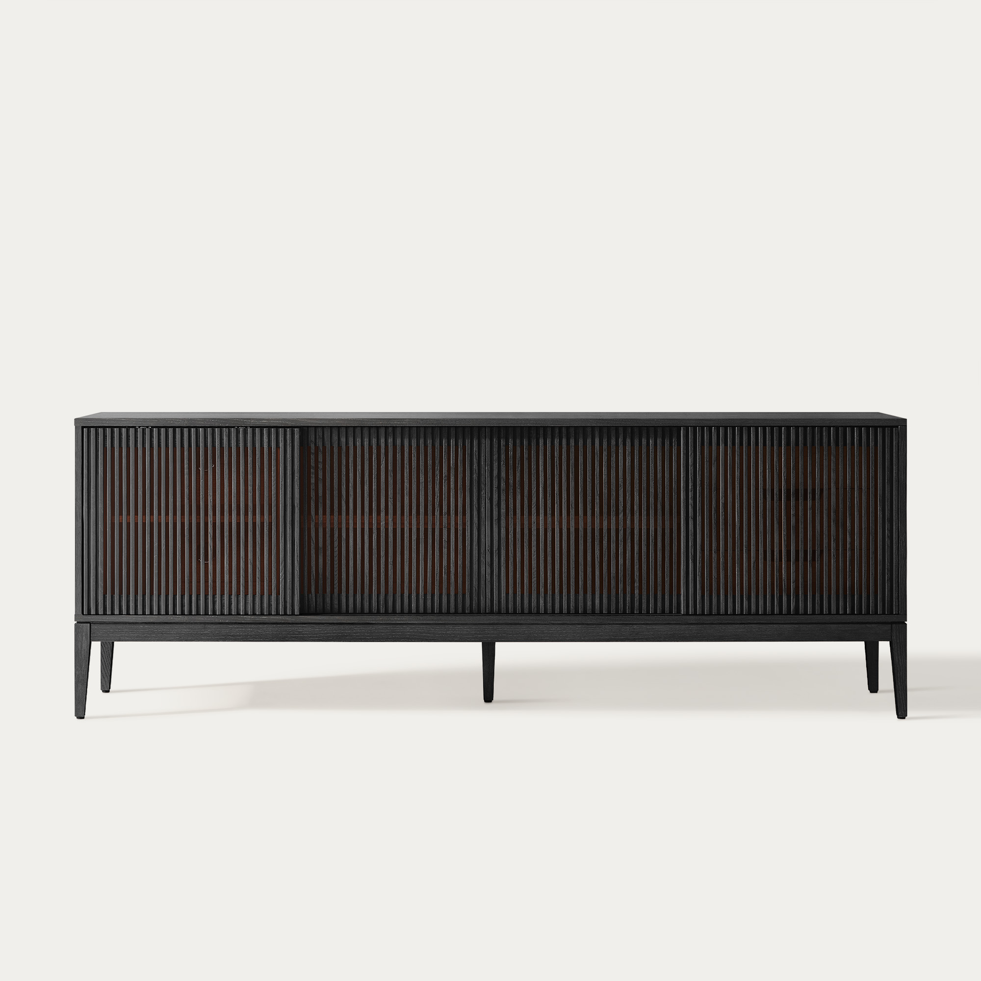 Astrid 84 inch MCM Slatted TV Stand with Sliding Door Cabinet & 2