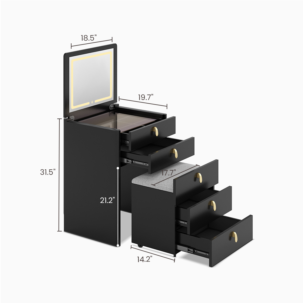 Hernest | Modern Black Mini Makeup Vanity with Mirror and Stool for Small Apartment, Dressing ...