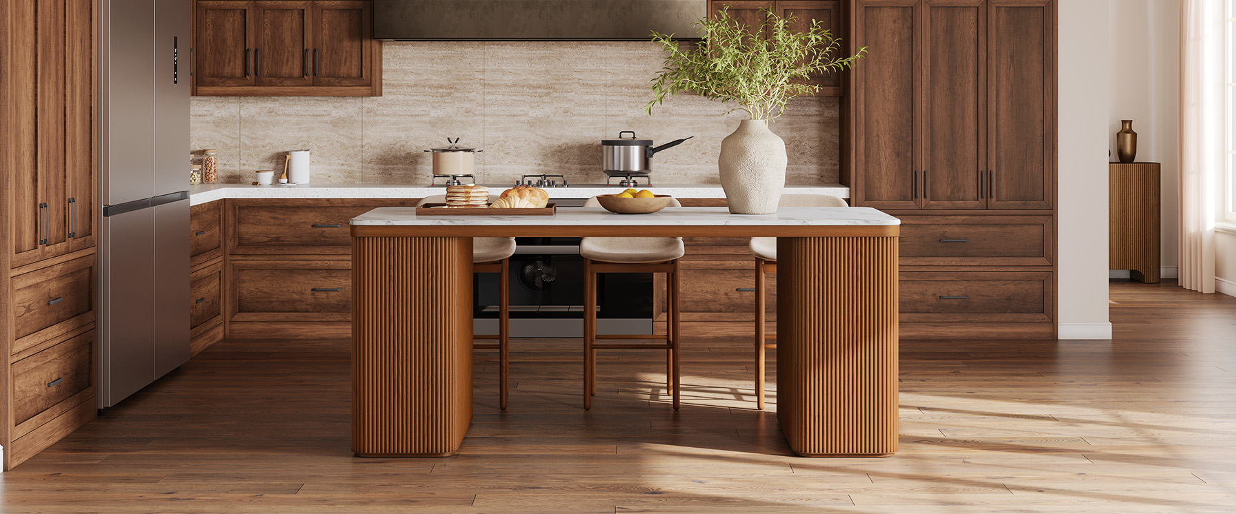 84" Brown Kitchen Island with Marble Tabletop and Drawers and Cabinet
