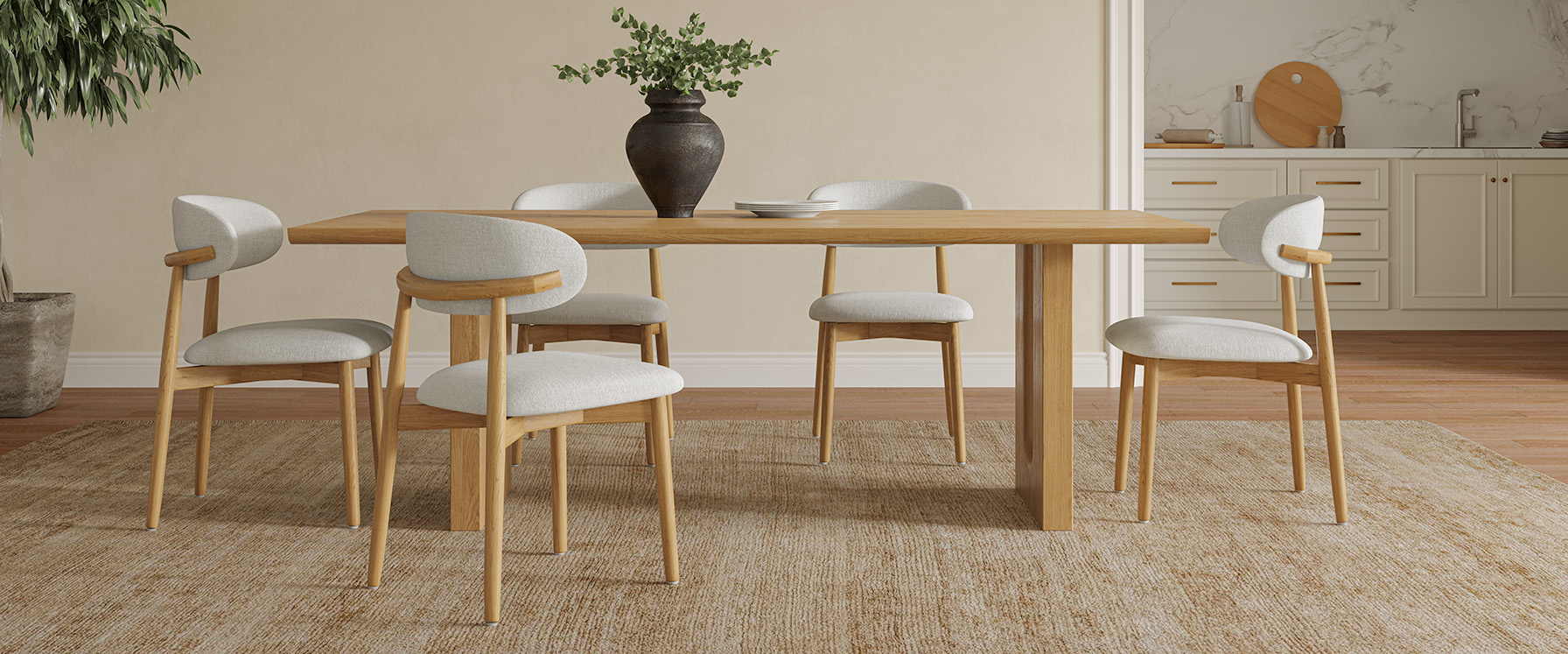 Mid Century Modern Ash Wood Dining Chairs Set with Cotton Linen Upholstery for Dining Room