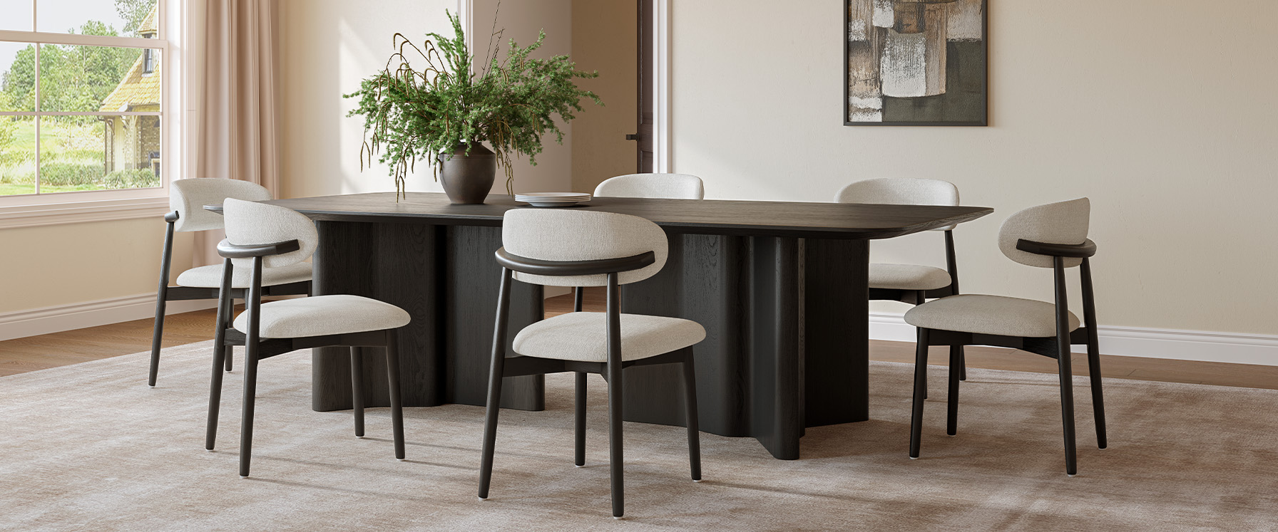 Mid Century Modern Ash Wood Dining Chairs Set with Cotton Linen Upholstery for Dining Room