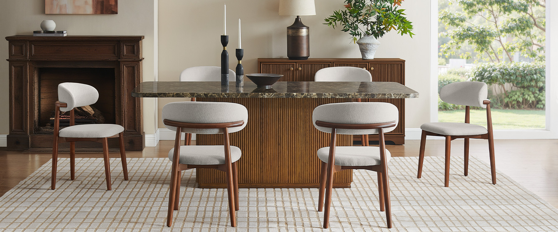 Eliseo 84" Marble Dining Table with Fluted Wooden Base for Dining Room