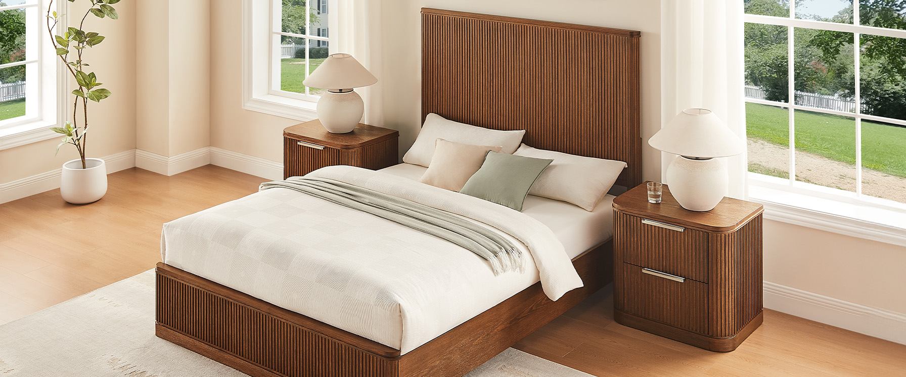 3-Piece Brown Wooden Fluted Bedroom Set