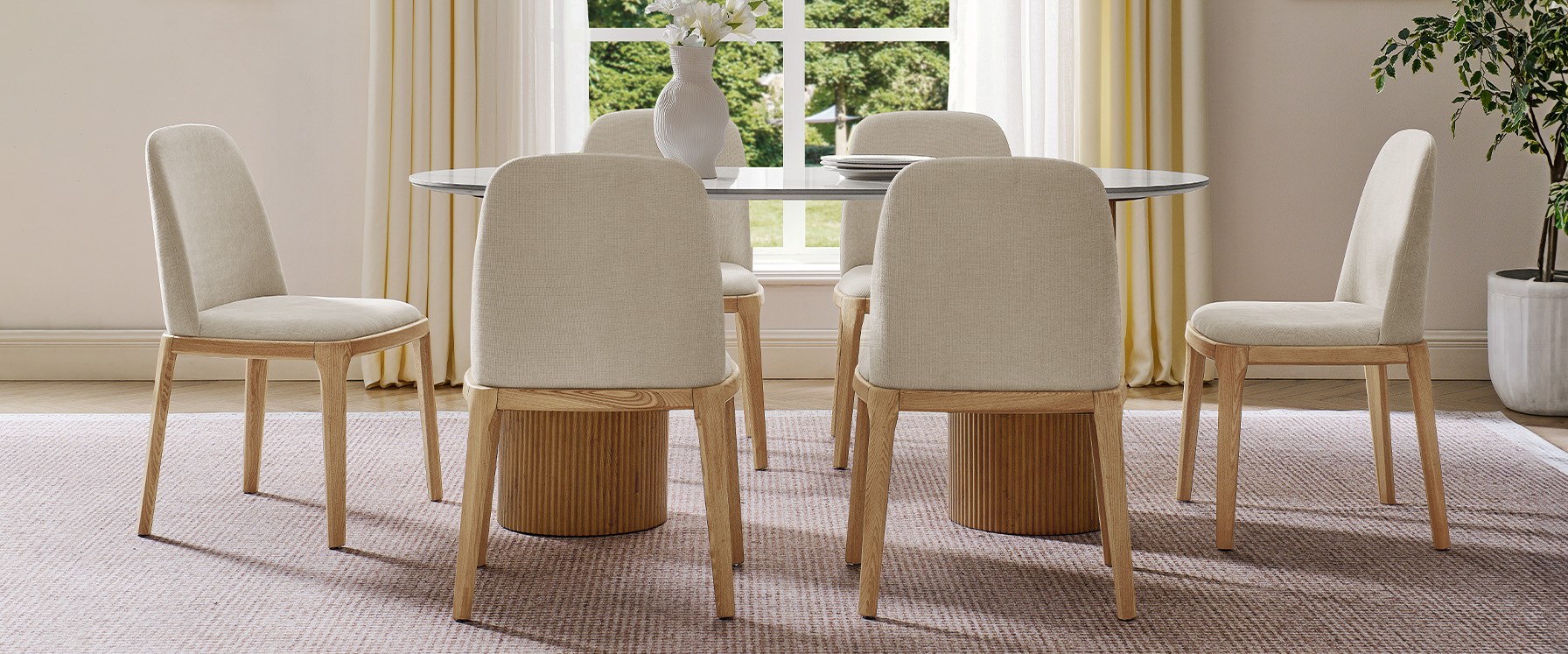 Mid Century Modern Natural Ash Wood Dining Chairs Set with Cotton Linen Upholstery for Dining Room