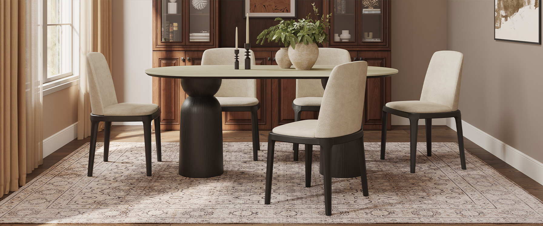 Mid Century Modern Black Ash Wood Dining Chairs Set with Cotton Linen Upholstery for Dining Room