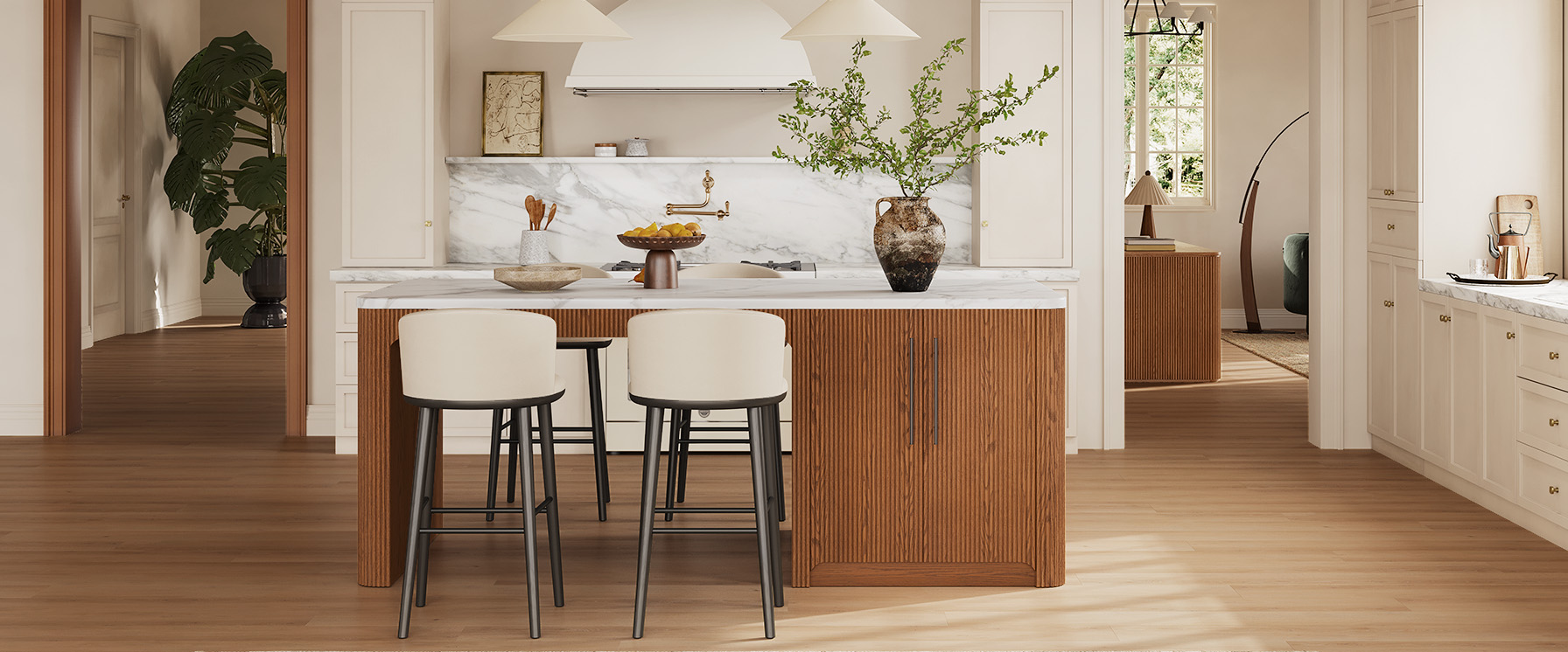 90" Brown Kitchen Island with Marble Tabletop and Drawers and Cabinet