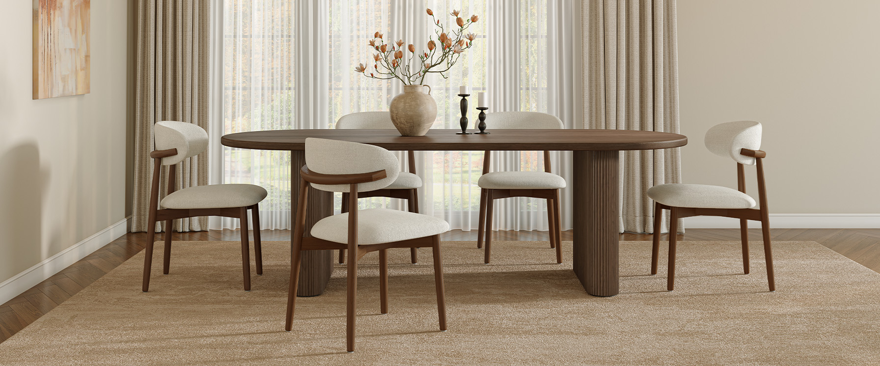 Mid Century Modern Ash Wood Dining Chairs Set with Cotton Linen Upholstery for Dining Room