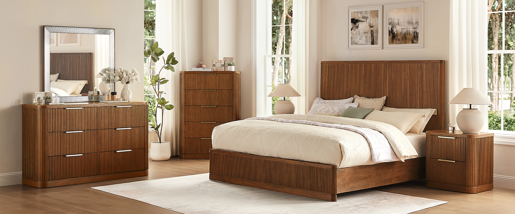 3-Piece Brown Wooden Fluted Bedroom Set