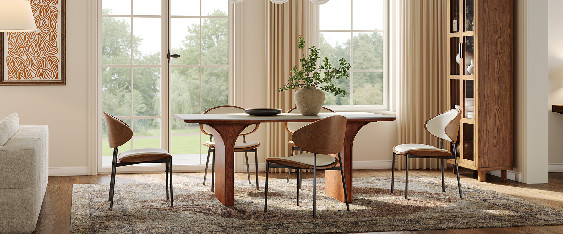 71 Inch MCM Sintered Stone Dining Table with Double Brown Wooden Base