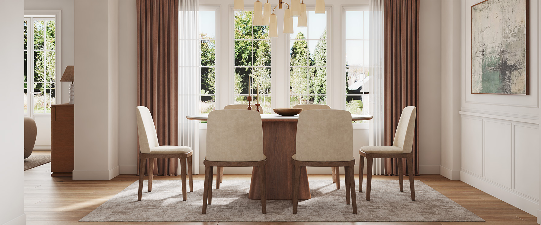 Mid Century Modern Brown Ash Wood Dining Chairs Set with Cotton Linen Upholstery for Dining Room