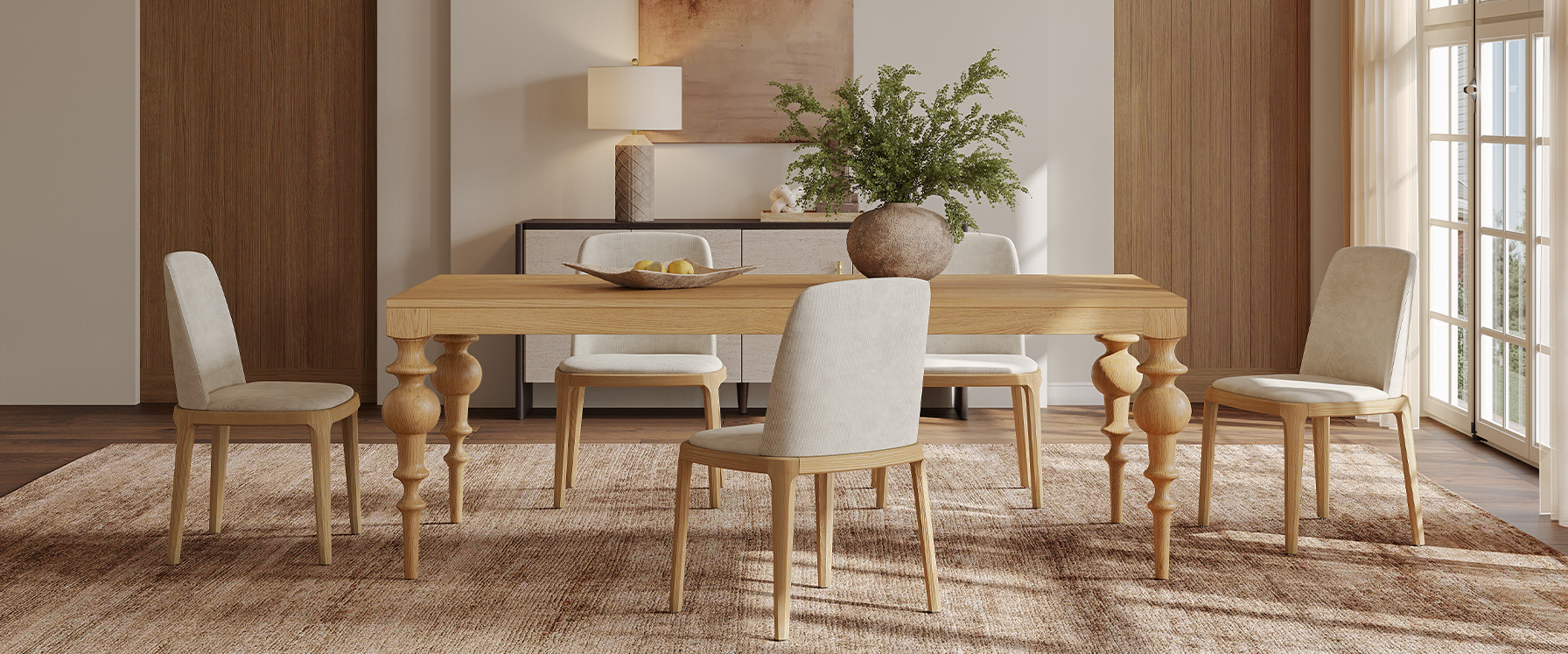 Eliseo 84" Marble Dining Table with Fluted Wooden Base for Dining Room