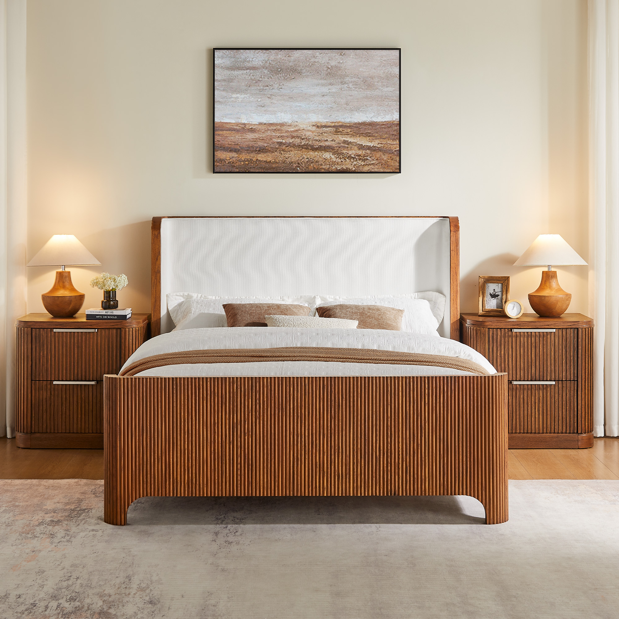 Alexa Queen Size Fluted Solid Oak Bed with Upholstered Headboard
