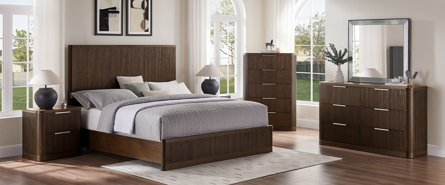 3-Piece Dark Brown Wooden Fluted Bedroom Set