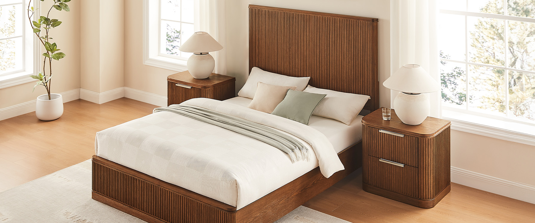 3-Piece Brown Wooden Fluted Bedroom Set