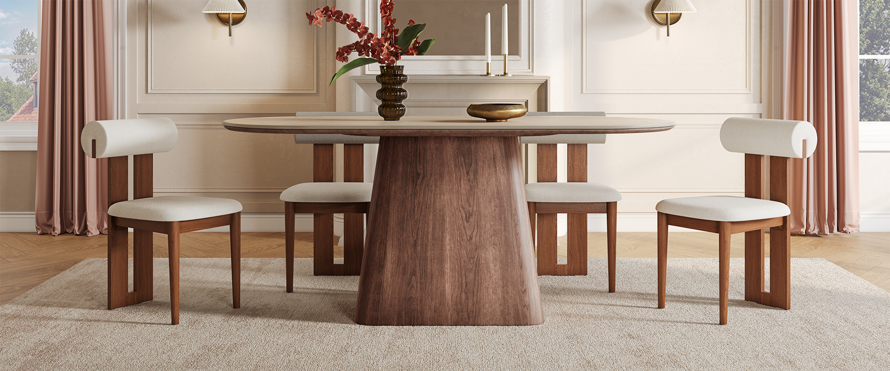 72 Inch Dining Table with Brown Wooden Pedstal Base for Dining Room