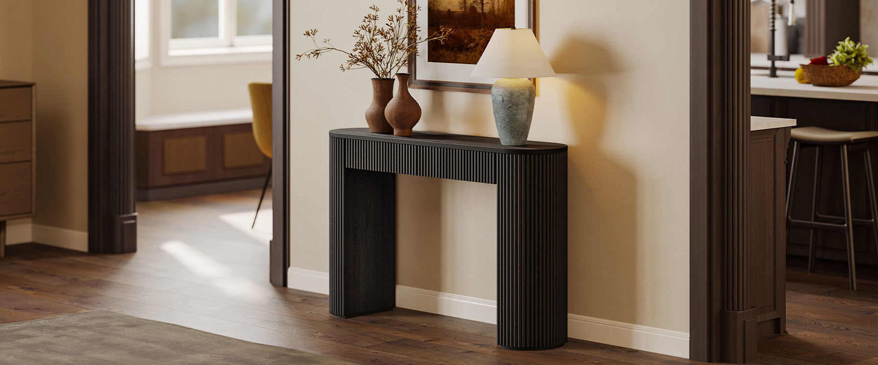 black console table with drawers