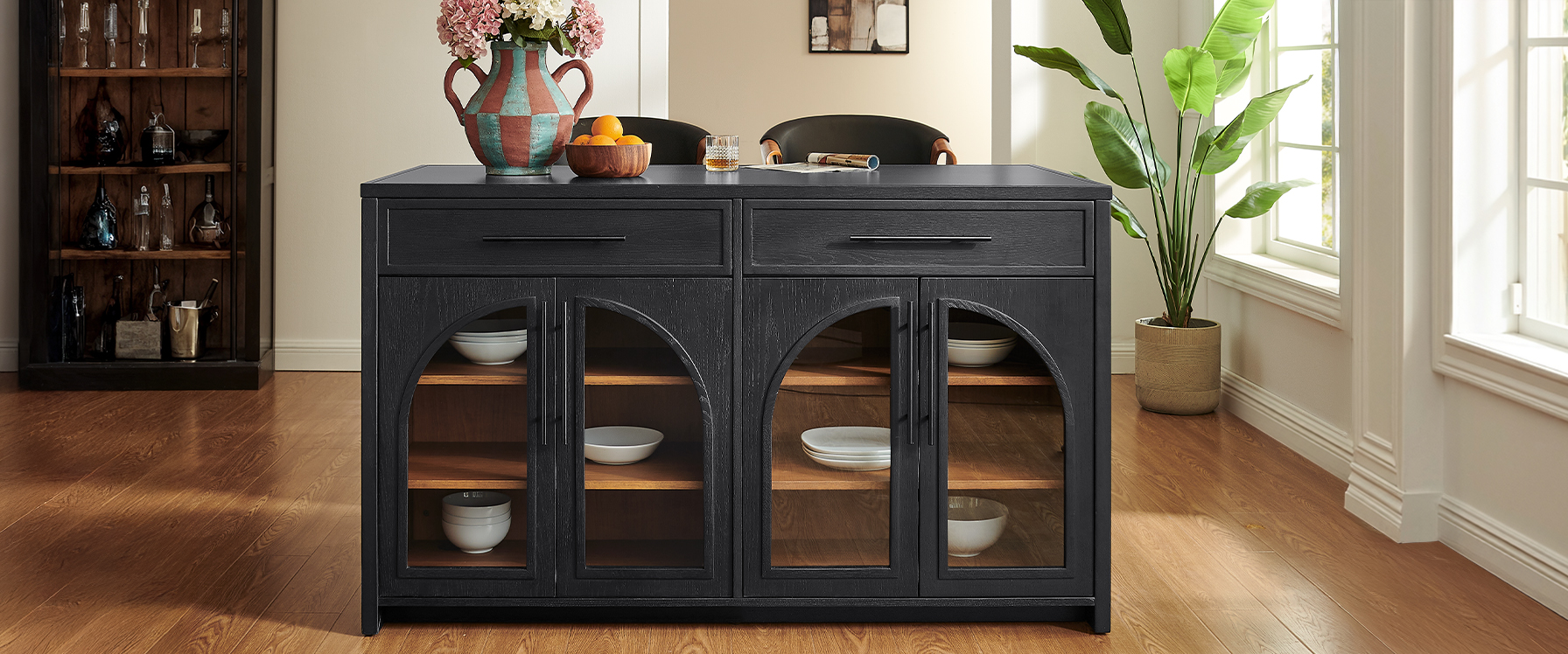 Black Versatile Kitchen Island and Two Counter Stools for Dining Room
