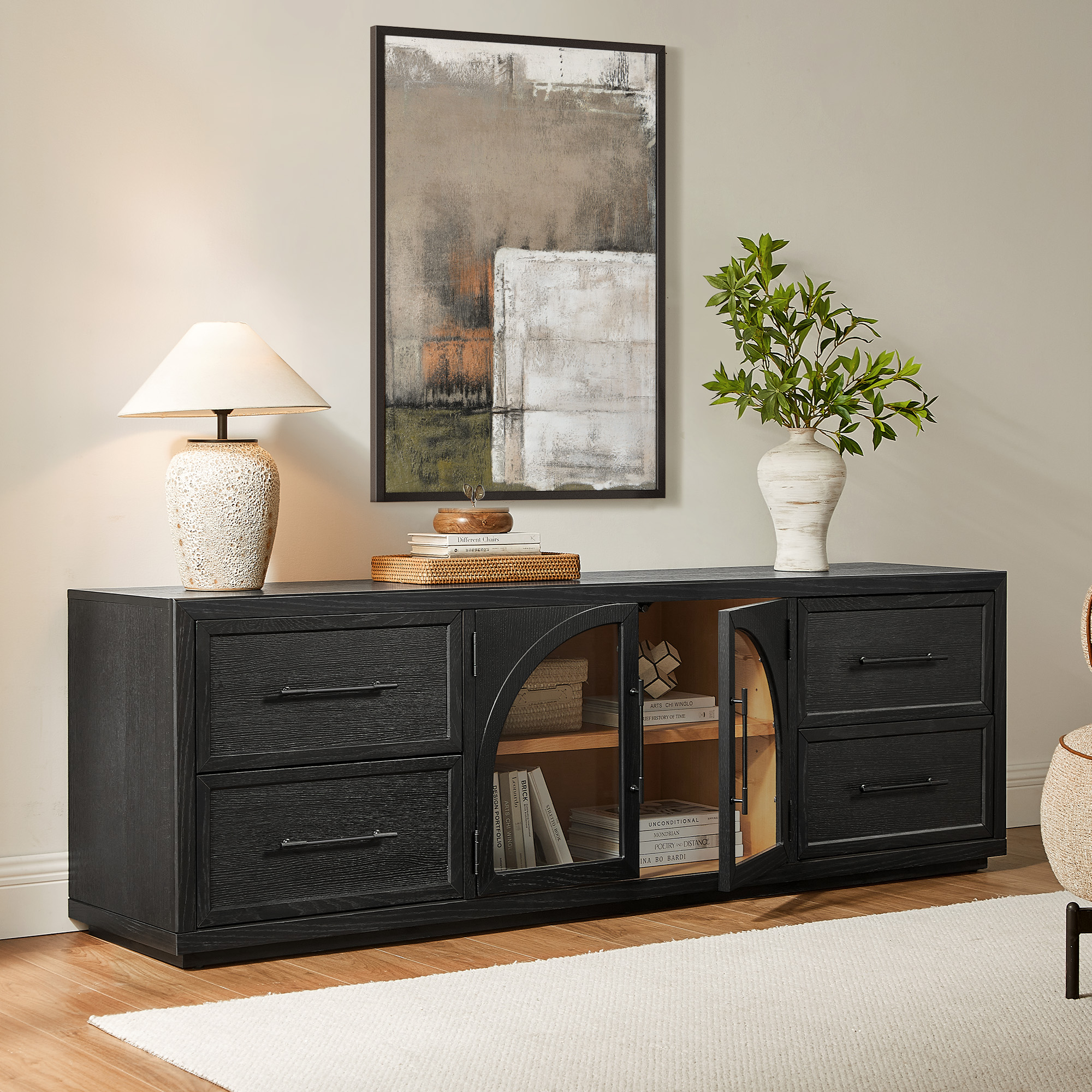 Valborg 80 Inch Oak Media Console | Wood TV Stand with Storage