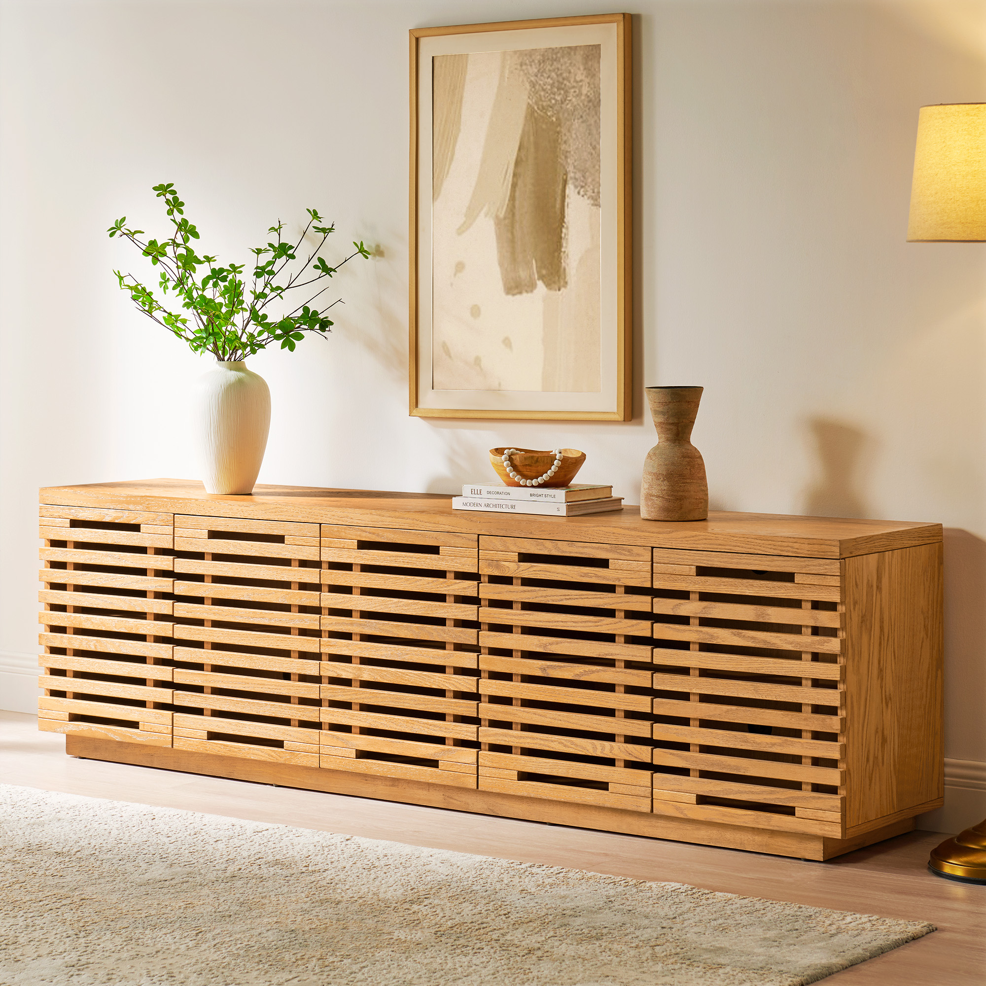 Ingrid 84 inch Natural Solid Oak Slatted TV Stand