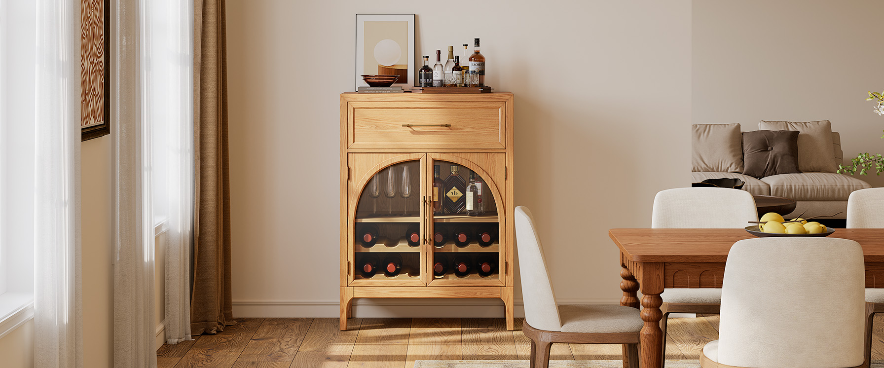 Valborg 36" Black Oak Bar Cabinet with Arch Desin Doors for Dining Room