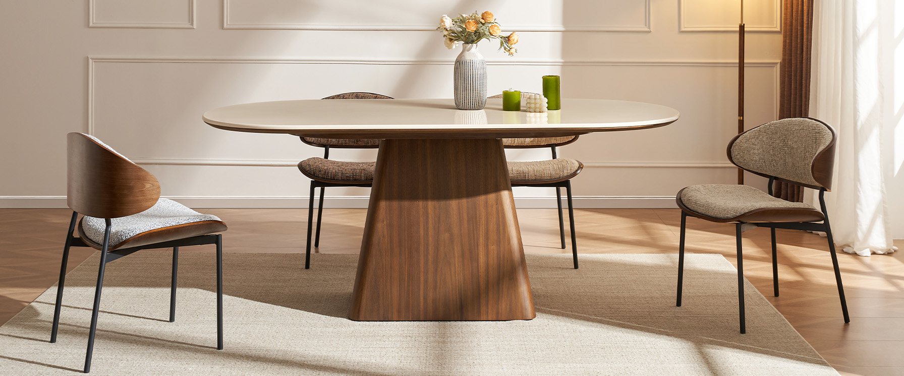72 Inch Marble Dining Table with Brown Wooden Pedstal Base for Dining Room