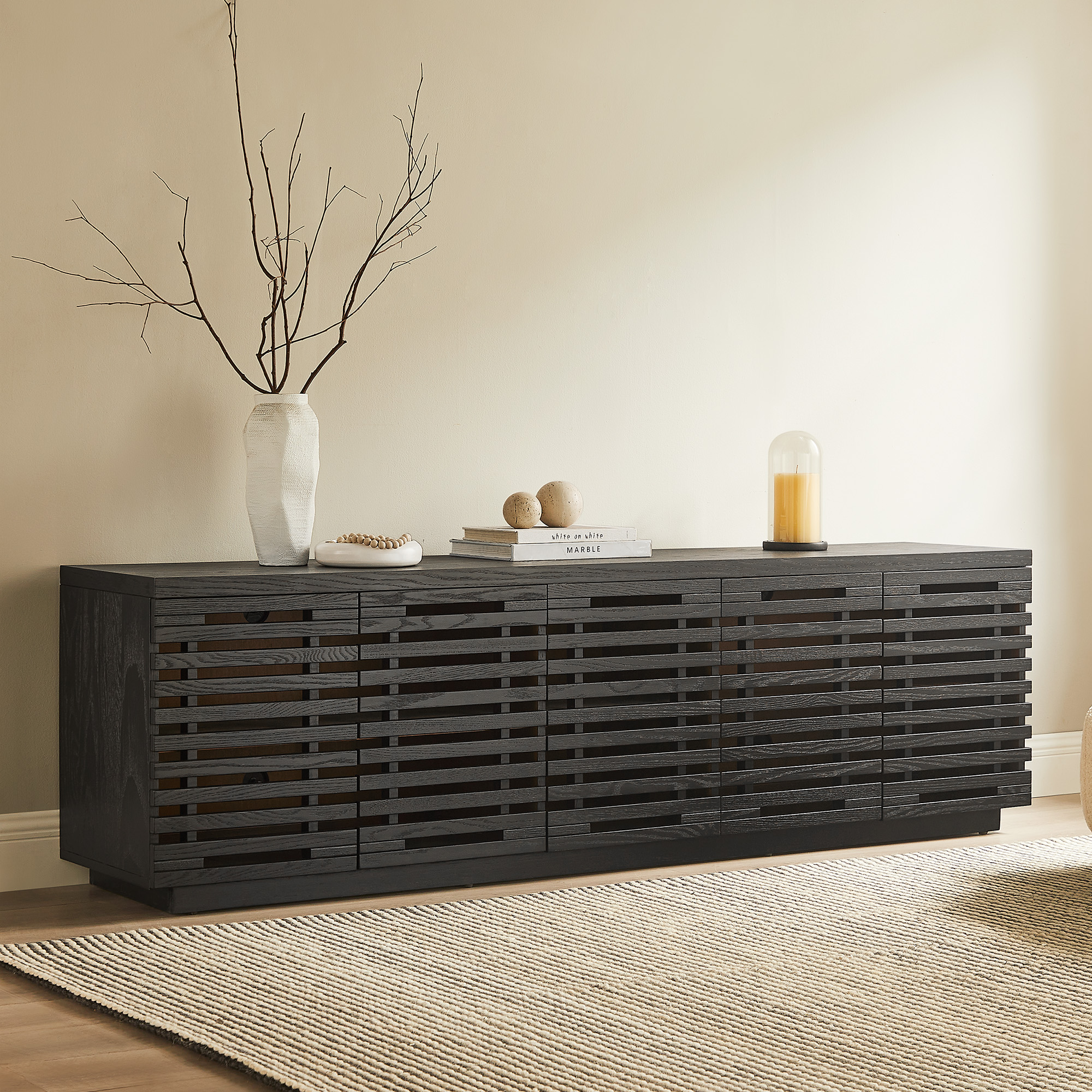 Ingrid 84 inch Black Solid Oak Slatted TV Stand