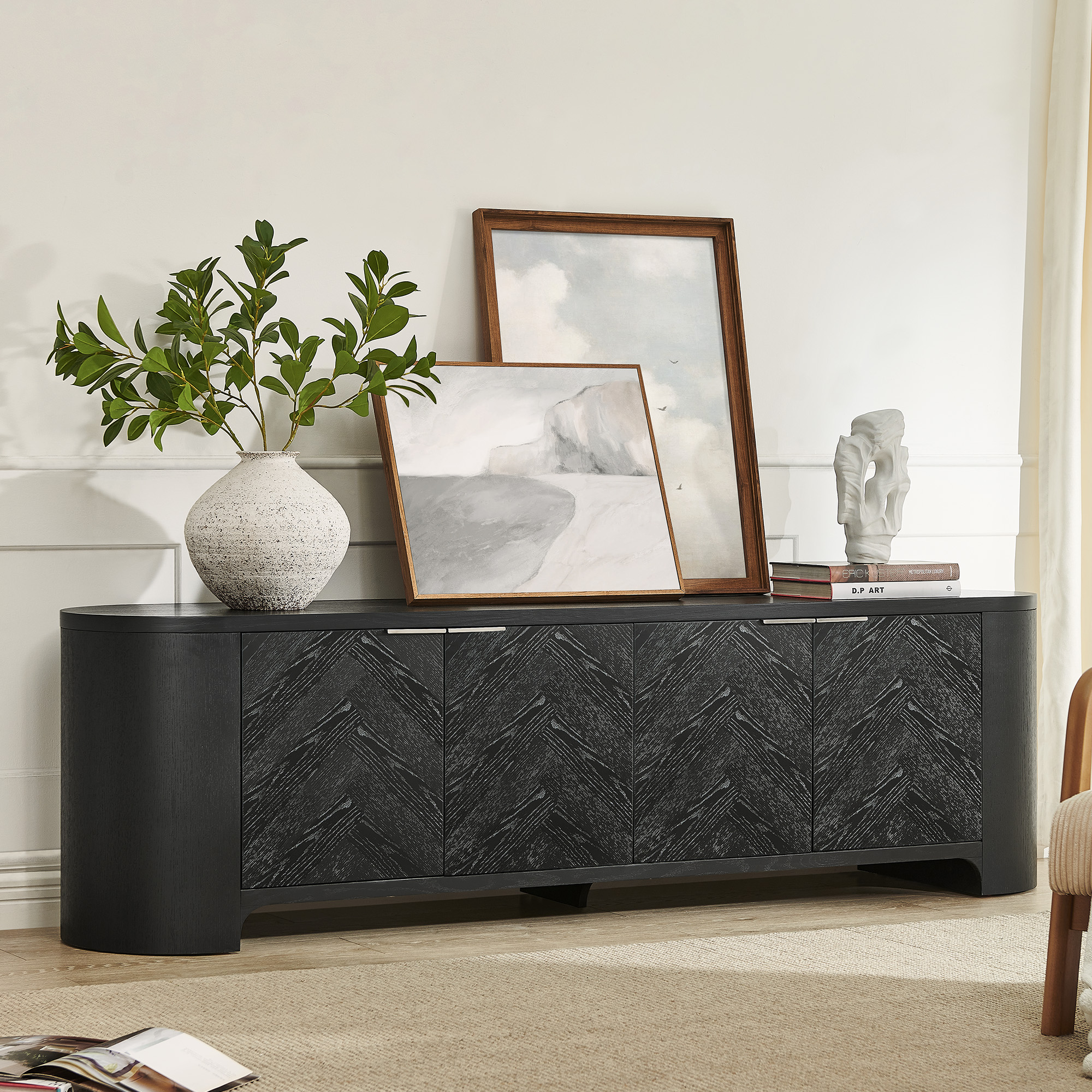 その他 2024 EC C. Guevarra/F. Castro 1of1 Black Fiske 84 inch Black Chevron Solid Oak TV Stand | HERNEST