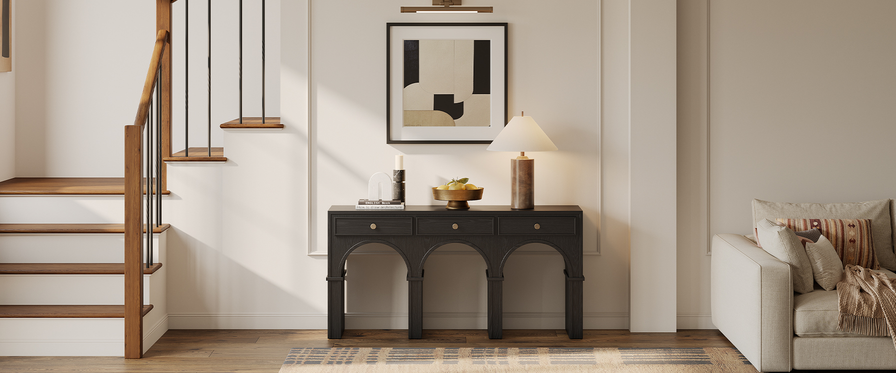 black console table with drawers