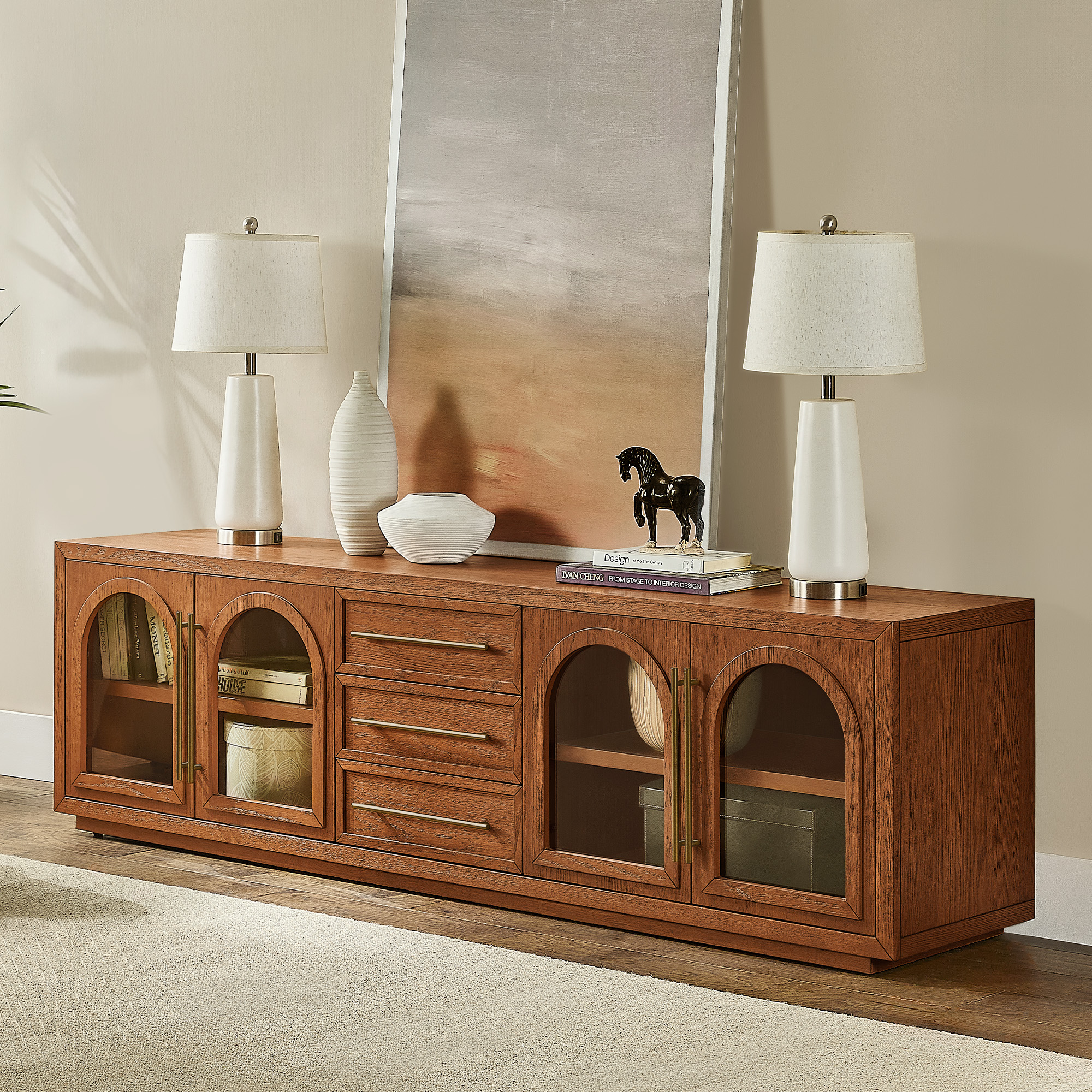 Lira 84 inch Warm Brown Solid Oak TV Stand | HERNEST