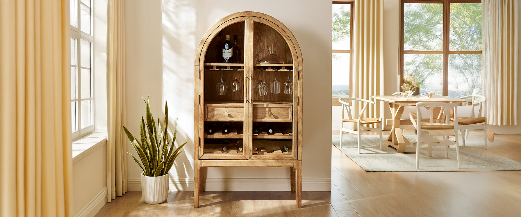 47" natural oak wood arched bar cabinet for home