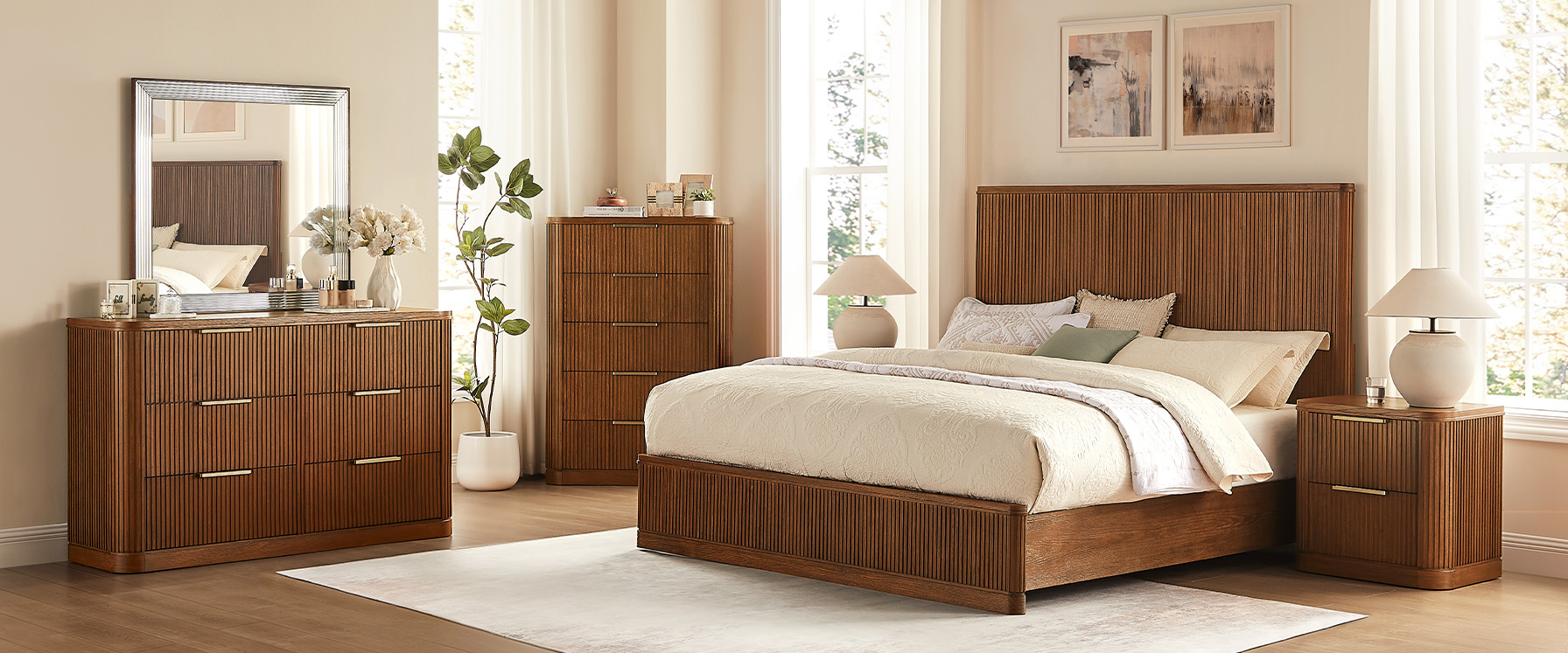 3-Piece Brown Wooden Fluted Bedroom Set