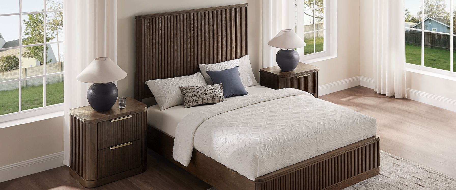 3-Piece Dark Brown Wooden Fluted Bedroom Set