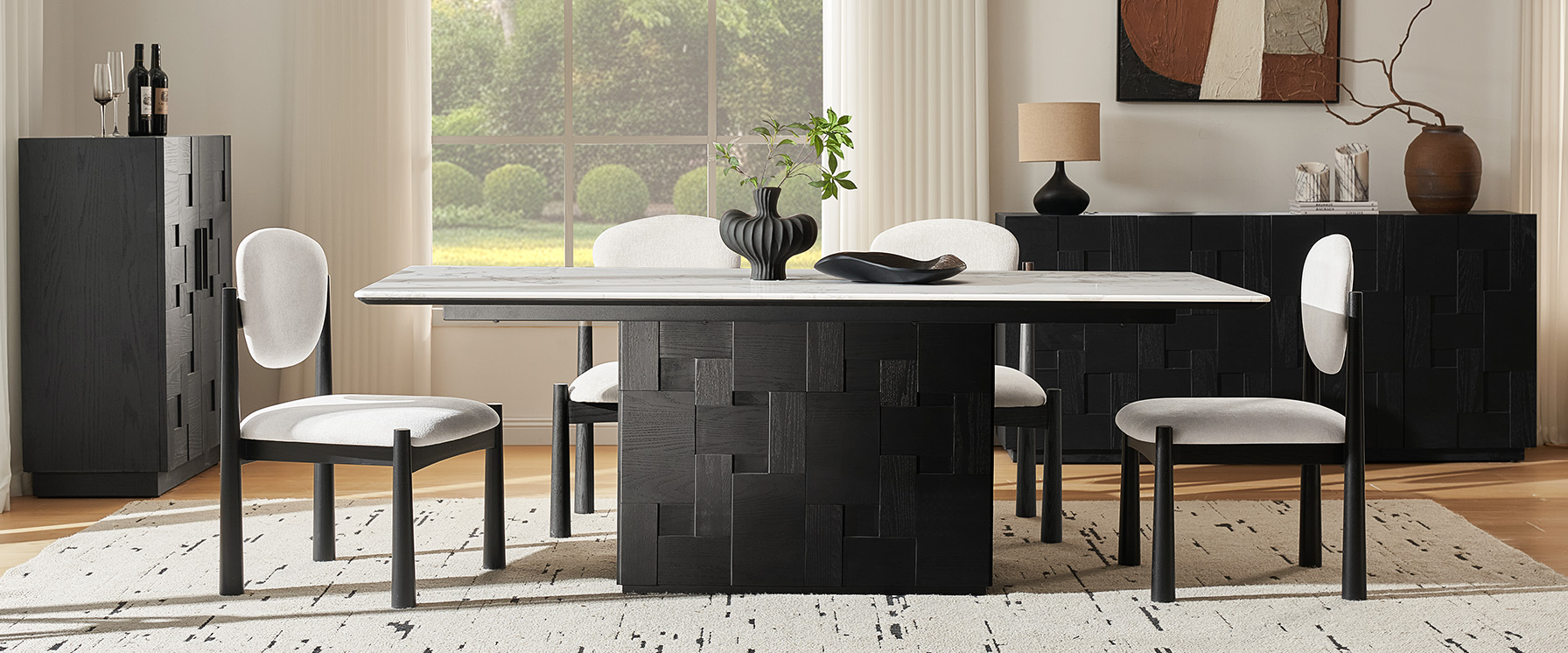 84" Rectangular Engineered Stone Dining Table with Three-Dimensional Design Solid Wood Blocks Base for Dining Room