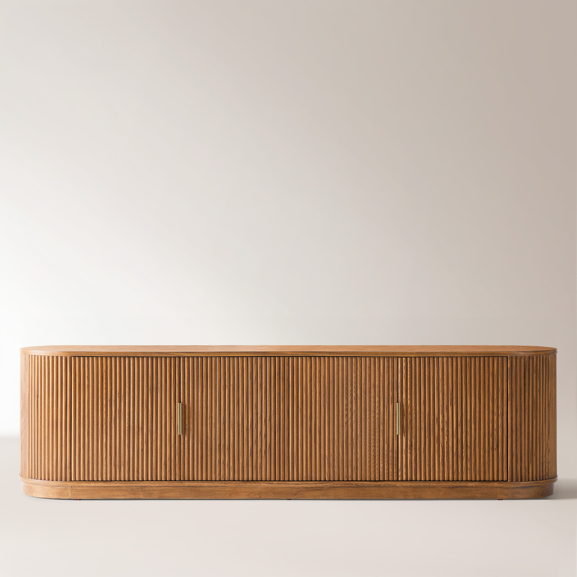 woody press（TH2）32BRN Rolf 84 inch Brown Oval Solid Oak Storage TV Stand with Adjustable