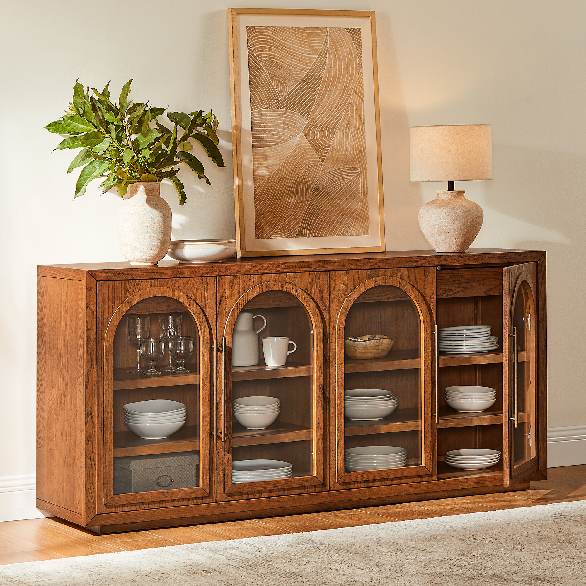 Lira 71 Inch Sideboard in Warm Brown Oak with Arched Doors