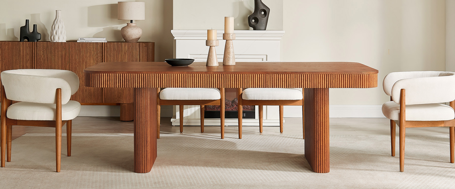 84" Fluted Oak Dining Table with Chairs Set for 4