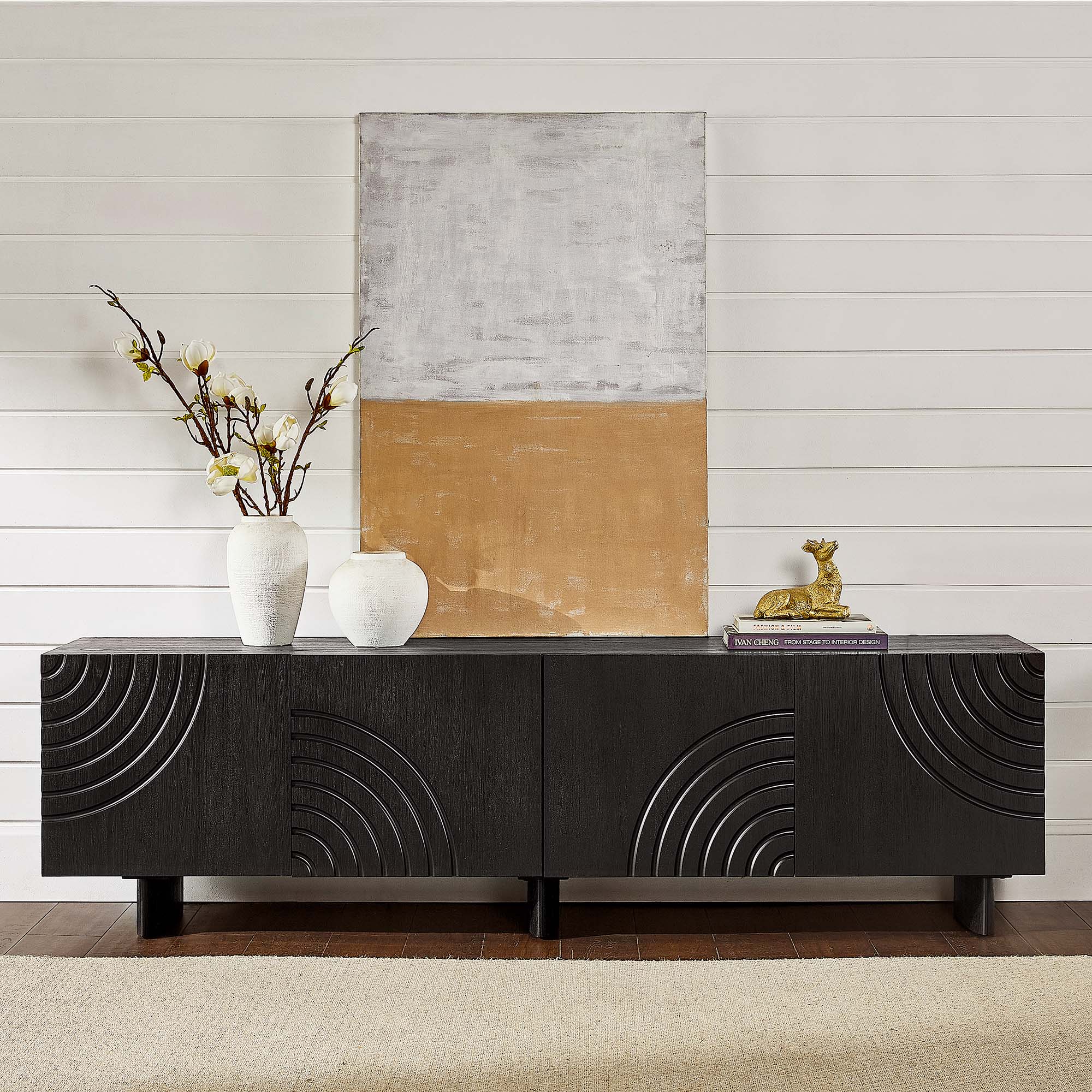 wall deco十字架 Pascal 84 inch Carving Black TV Stand | HERNEST