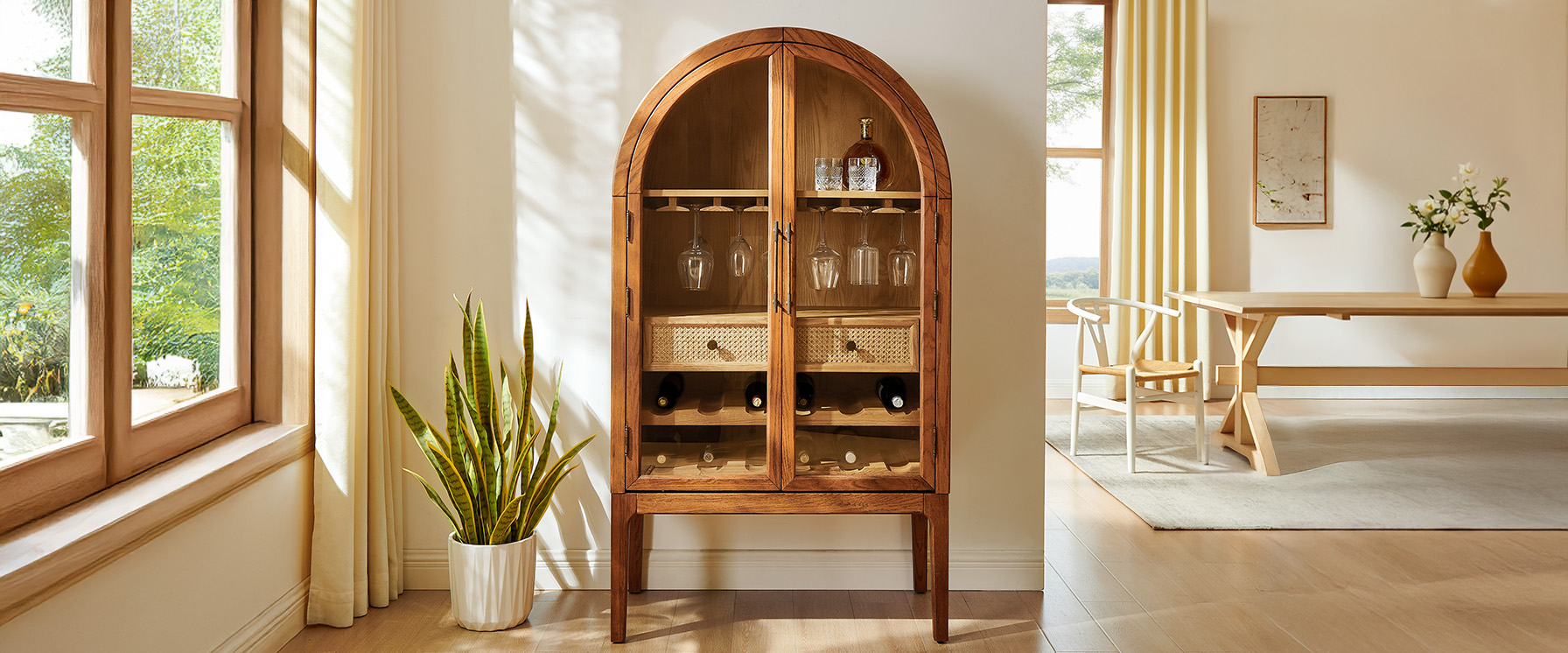 mid century modern 36" wood bar cabinet in brown with arched design glass door and storage for home