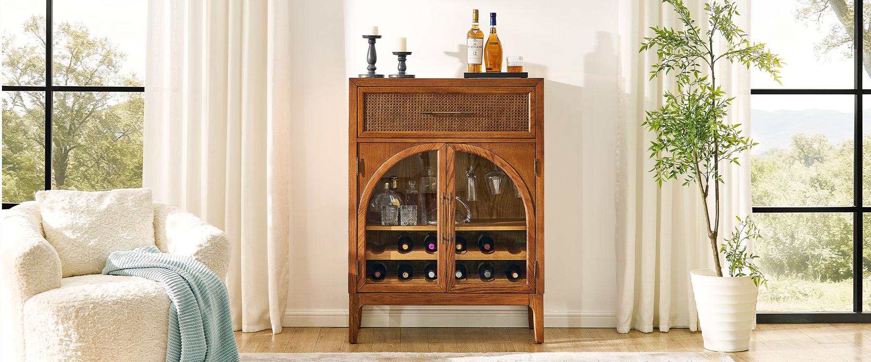 Valborg 36" Black Oak Bar Cabinet with Arch Desin Doors for Dining Room