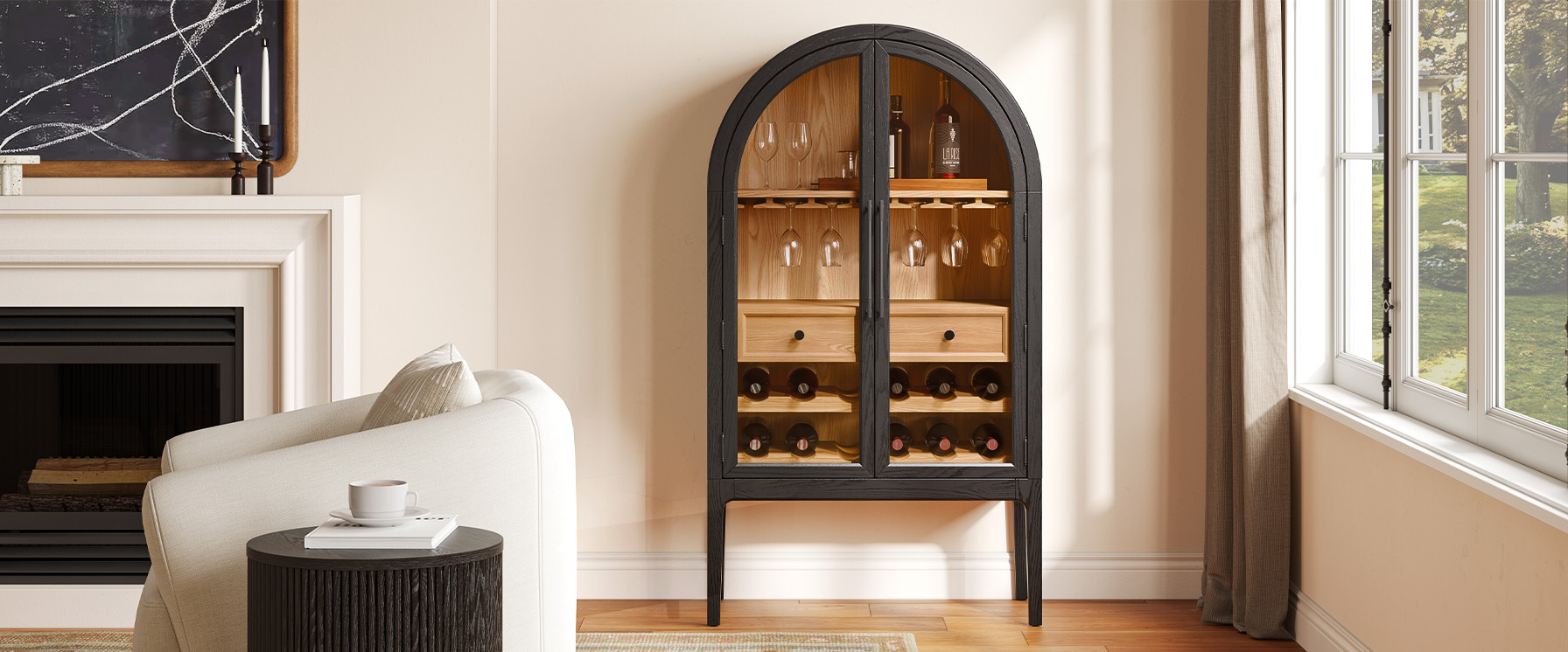 mid century modern 36" black bar cabinet with arched design glass door and storage for home