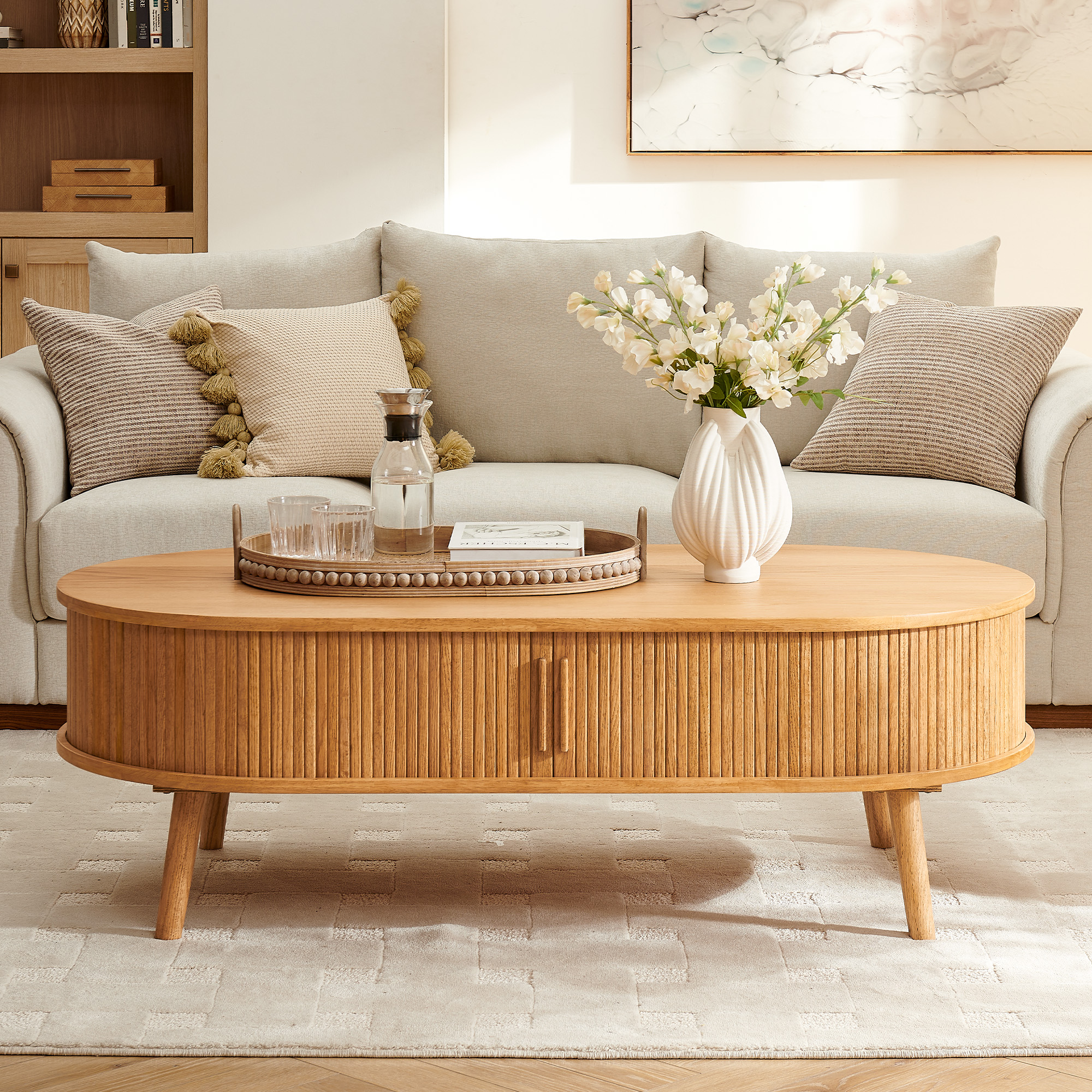 Valo 55 inch Natural Solid Oak Coffee Table with Drawer | HERNEST
